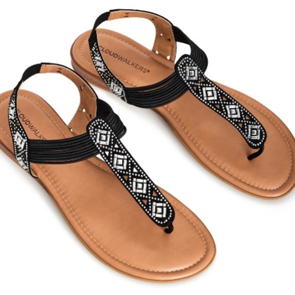 CLOUDWALKERS WIDE FIT 8.5W & 10W Black Nicola Embellished Thong Sandal SH05